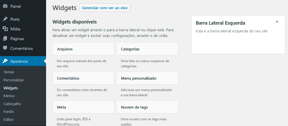 Tela de widgets do WordPress com a área que acabamos de definir